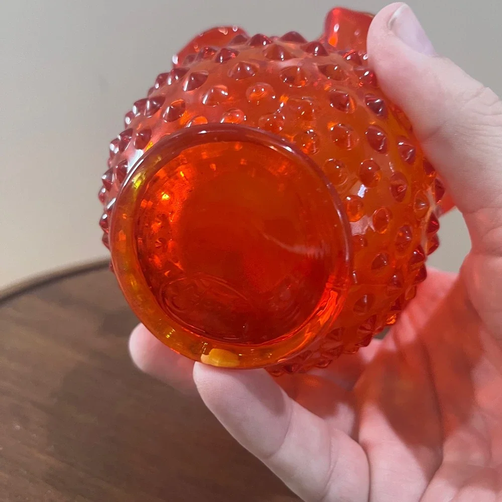 Vtg Fenton Red Orange Hobnail Glass Ruffled‎ Rose Bowl Vase Mid Century Modern